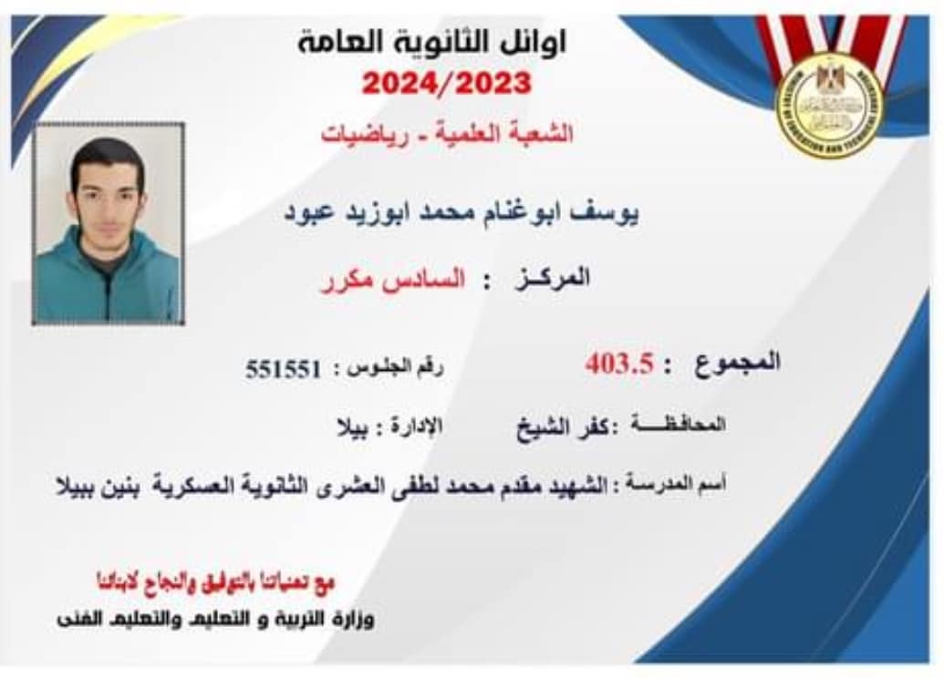 محافظ كفر الشيخ يهنئ الطالب يوسف أبو غنام السادس مكرر جمهورية على الثانوية العامة لعام  